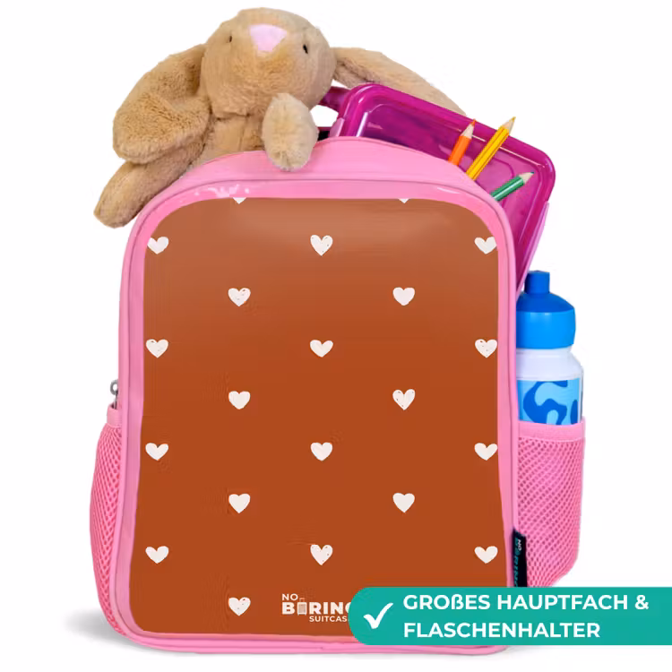 Wit hartjespatroon op oranje bruine achtergrond Kinderrugzak - Roze middel -inhoud_DE