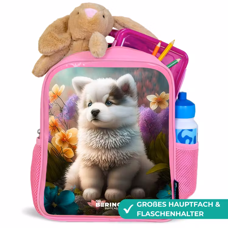 Witte puppy in een bloemenweide Kinderrugzak - Roze middel -inhoud_DE