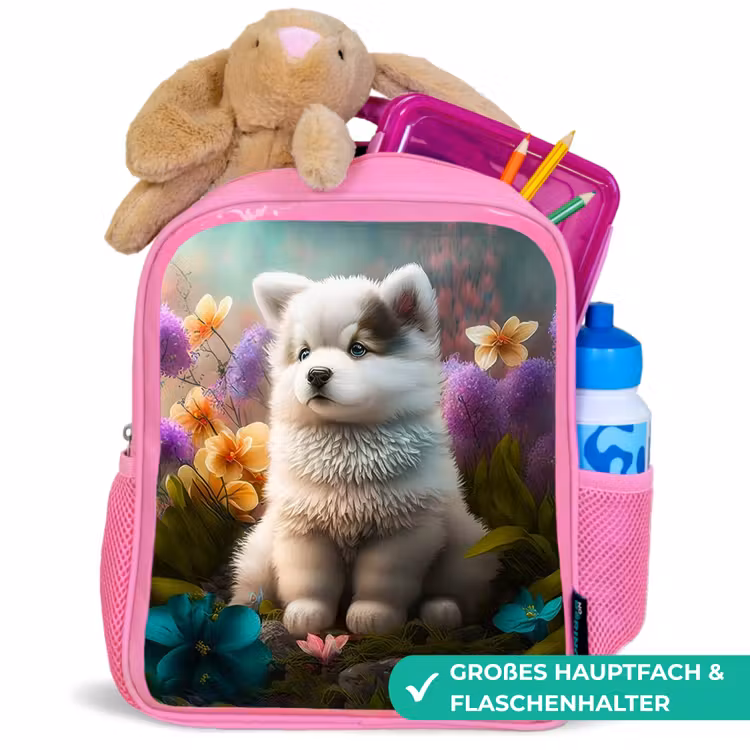 Puppy - Bloemen - Planten - Natuur - Husky Kinderrugzak - Roze middel -inhoud_DE