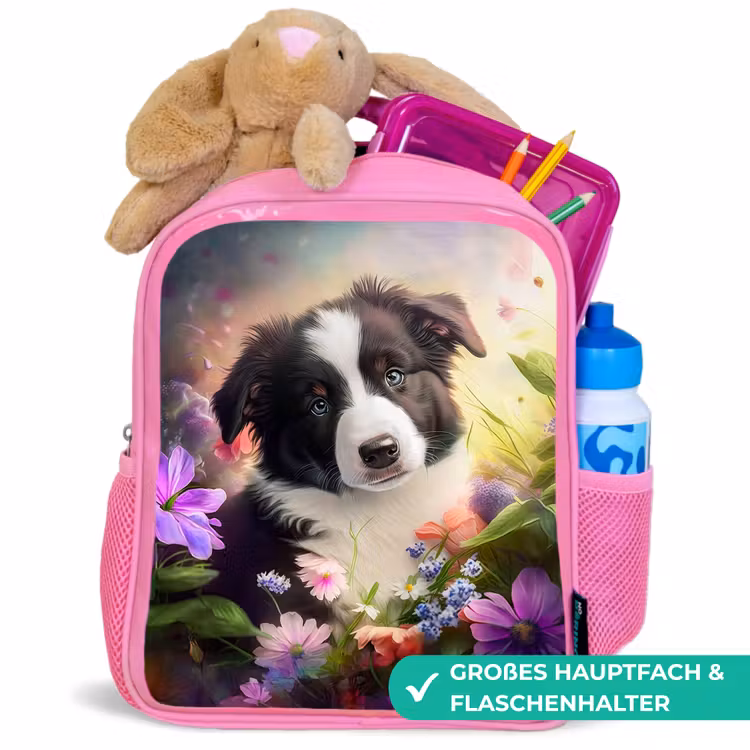 Puppy - Zon - Bloemen - Natuur - Bordercollie - Hond Kinderrugzak - Roze middel -inhoud_DE