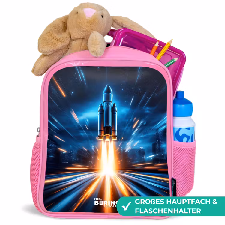 Ruimteraket stijgt op in nachtelijk lichtspektakel Kinderrugzak - Roze middel -inhoud_DE