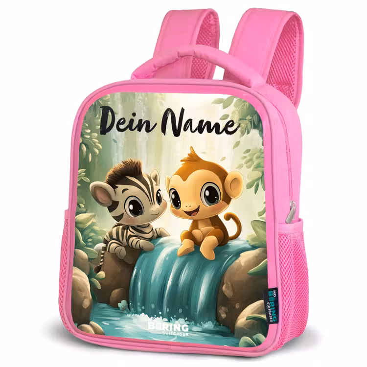 Zebra - Aapje - Waterval - Rotsen Kinderrugzak - Roze middel -schuin