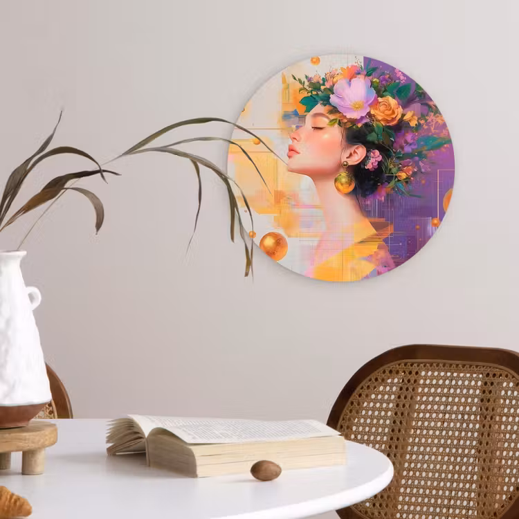 Abstract - Vrouw - Bloemenkroon - Goud Wandcirkel kunststof plaat 5mm dik klein -sfeer4