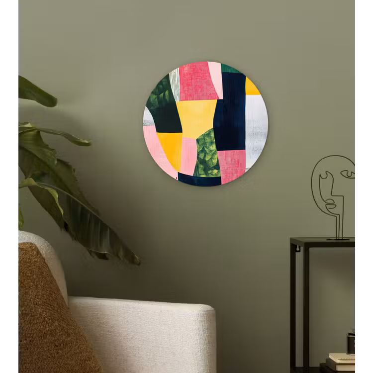Abstract - Roze - Lappen - Vormen - Geel Wandcirkel kunststof plaat 5mm dik klein -sfeer3
