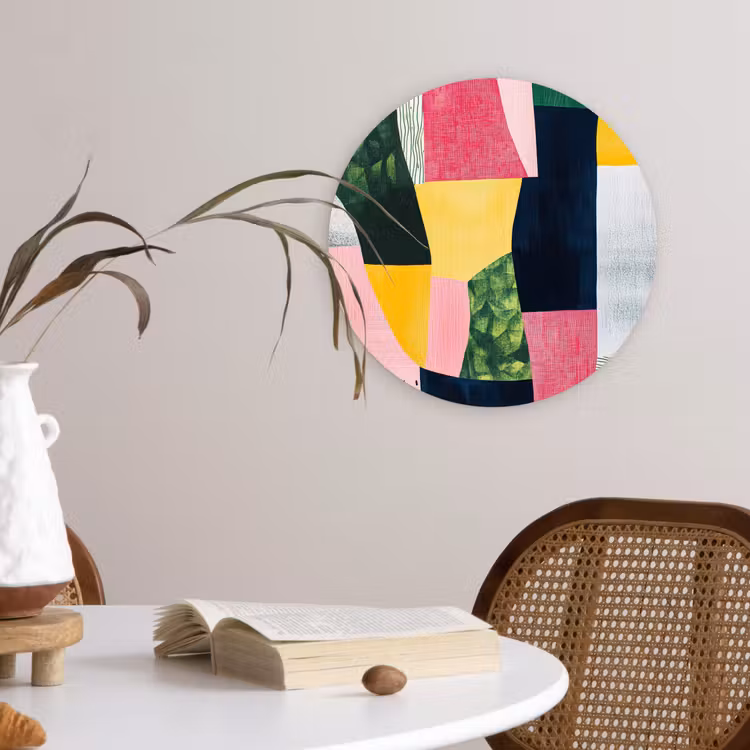Abstract - Roze - Lappen - Vormen - Geel Wandcirkel kunststof plaat 5mm dik klein -sfeer4