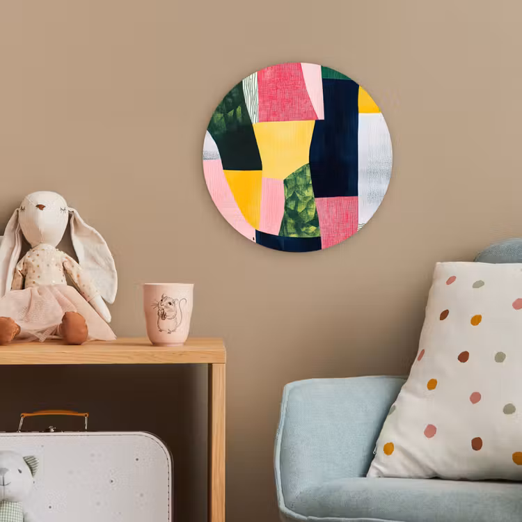 Abstract - Roze - Lappen - Vormen - Geel Wandcirkel kunststof plaat 5mm dik klein -tsfeer1_kind