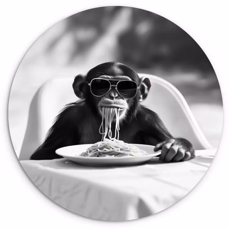 Aap - Spaghetti - Zonnebril - Zwart wit - Cool - Dier Wandcirkel kunststof plaat 5mm dik klein -3d