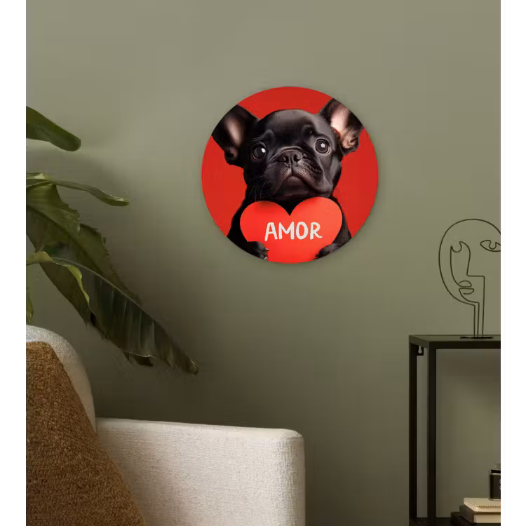 Amor - Hond - Hartje - Rood Wandcirkel kunststof plaat 5mm dik klein -sfeer3