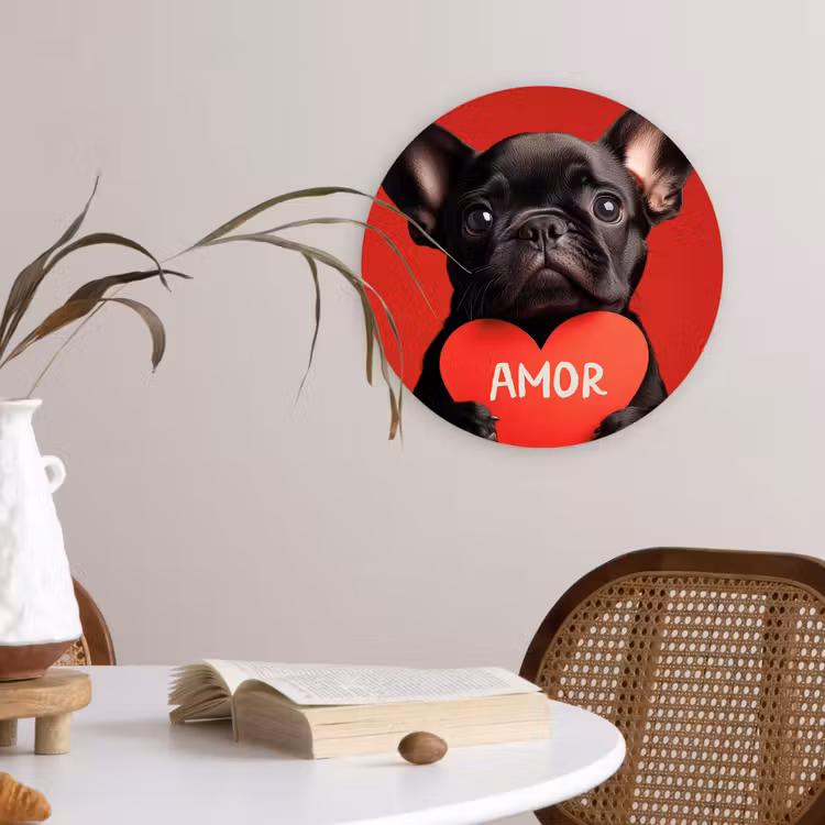 Amor - Hond - Hartje - Rood Wandcirkel kunststof plaat 5mm dik klein -sfeer4
