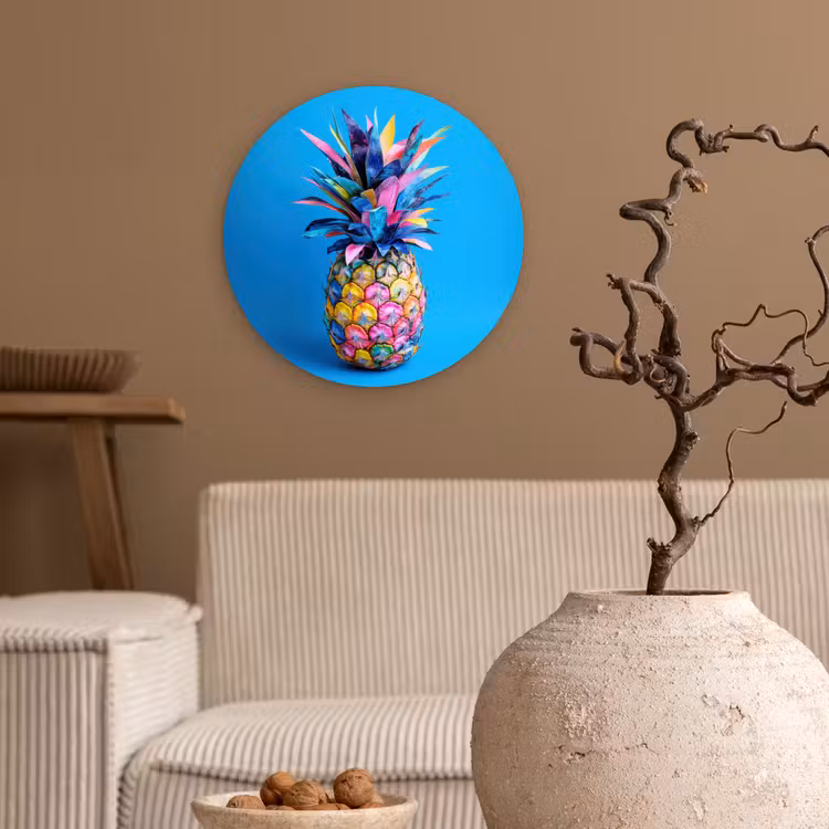 Ananas - Blauw - Tropisch - Vrolijk Wandcirkel kunststof plaat 5mm dik klein -sfeer1