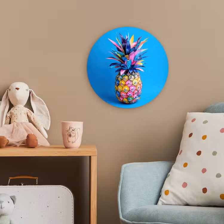 Ananas - Blauw - Tropisch - Vrolijk Wandcirkel kunststof plaat 5mm dik klein -tsfeer1_kind
