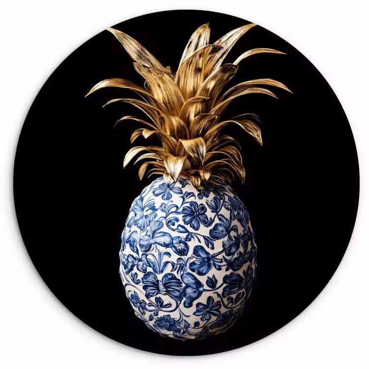 Ananas - Bloemen patroon - Goud - Delftsblauw Wandcirkel kunststof plaat 5mm dik klein -3d