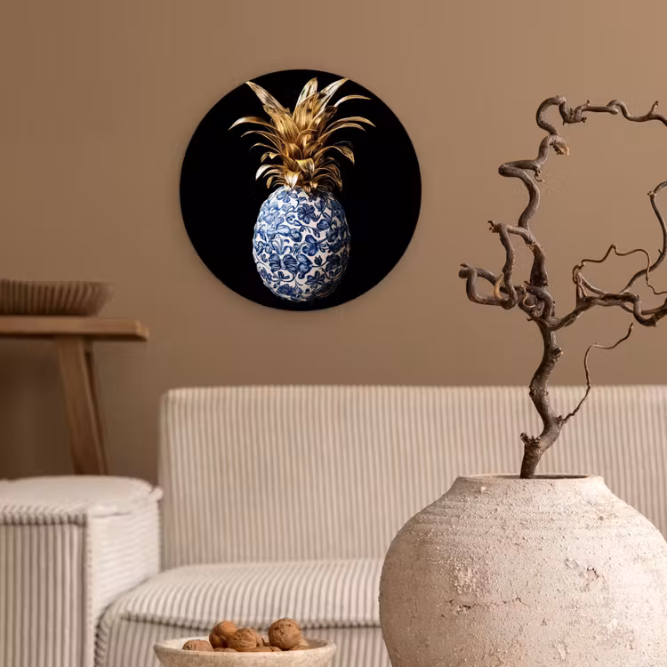 Ananas - Bloemen patroon - Goud - Delftsblauw Wandcirkel kunststof plaat 5mm dik klein -sfeer1