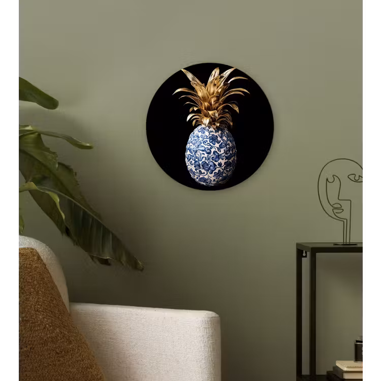 Ananas - Bloemen patroon - Goud - Delftsblauw Wandcirkel kunststof plaat 5mm dik klein -sfeer3