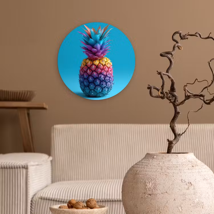 Ananas - Regenboog - Blauw - Popart Wandcirkel kunststof plaat 5mm dik klein -sfeer1