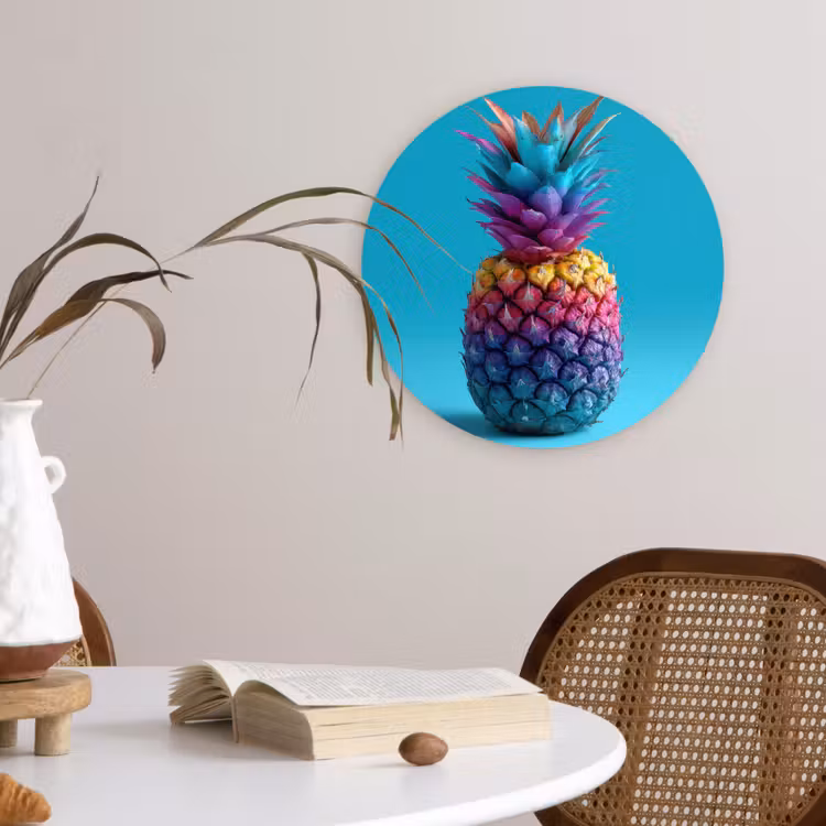 Ananas - Regenboog - Blauw - Popart Wandcirkel kunststof plaat 5mm dik klein -sfeer4