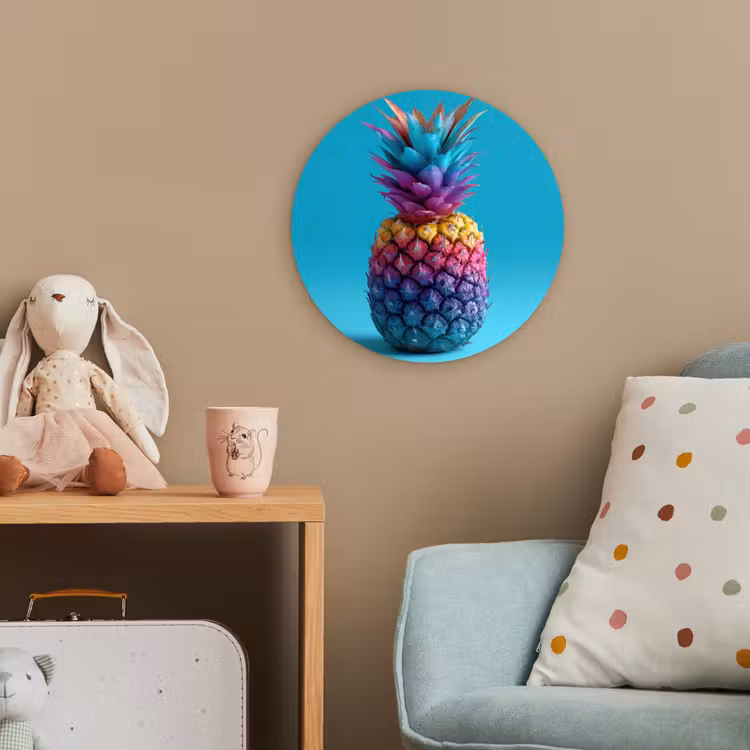 Ananas - Regenboog - Blauw - Popart Wandcirkel kunststof plaat 5mm dik klein -tsfeer1_kind