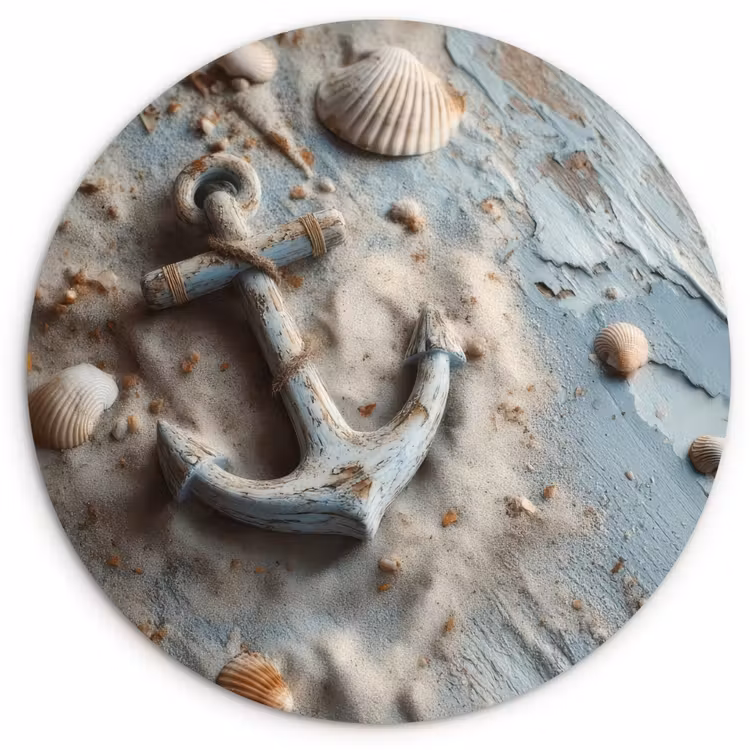 Anker - Hout - Schelpen - Zand Wandcirkel kunststof plaat 5mm dik klein -3d