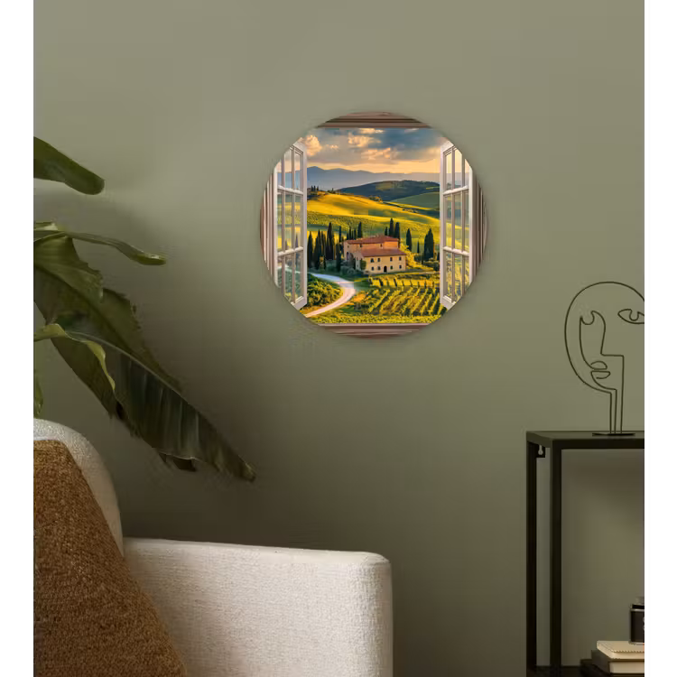 Doorkijk - Toscane - Uitzicht - Landschap - Zomer Wandcirkel kunststof plaat 5mm dik klein -sfeer3