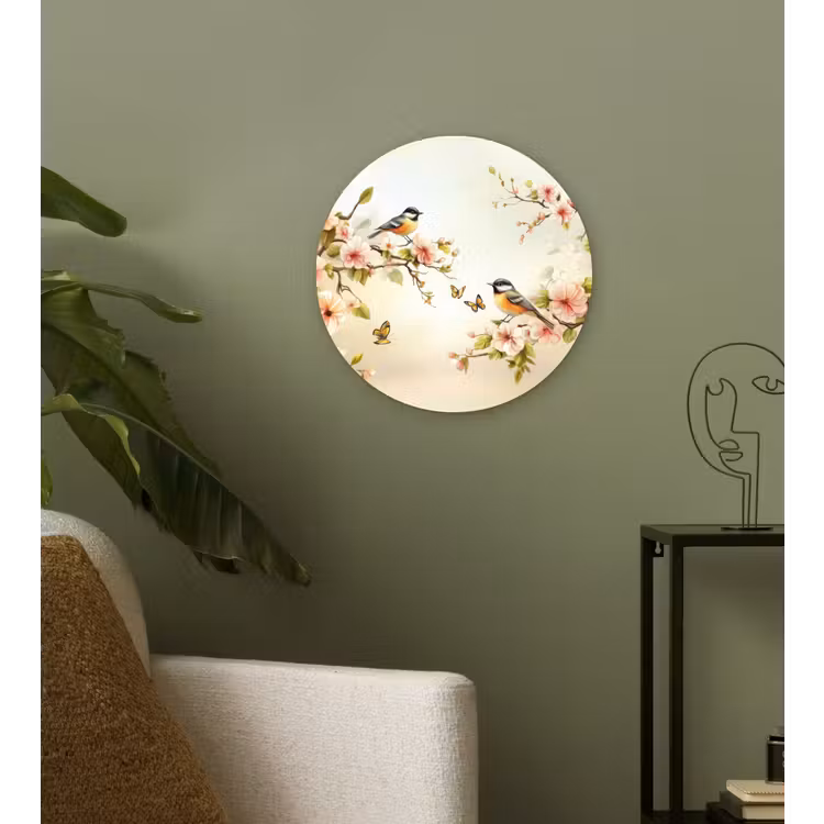 Takken - Bloemen - Vogeltjes - Roze Wandcirkel kunststof plaat 5mm dik klein -sfeer3