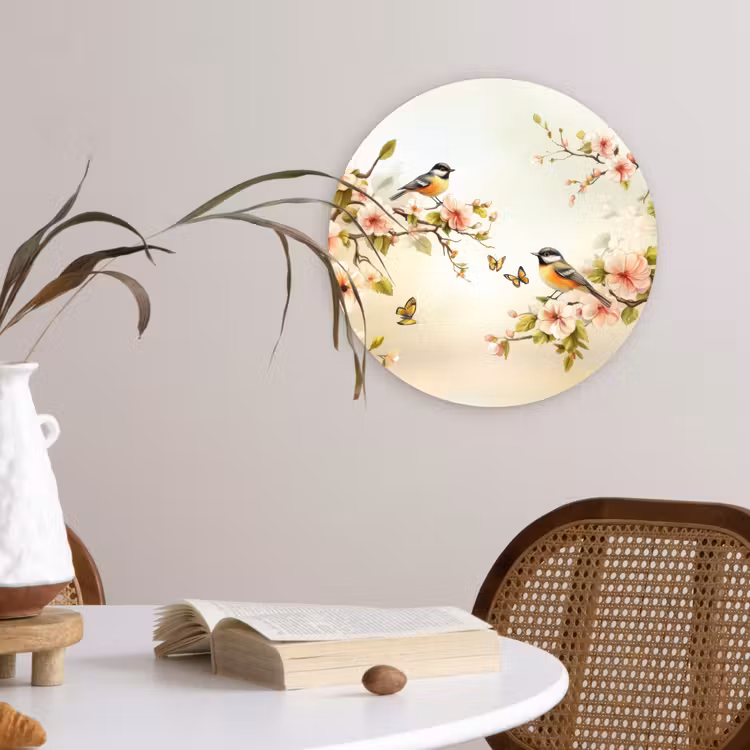 Takken - Bloemen - Vogeltjes - Roze Wandcirkel kunststof plaat 5mm dik klein -sfeer4