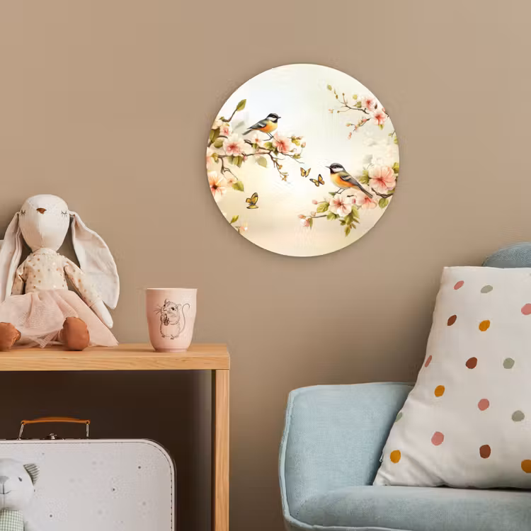 Takken - Bloemen - Vogeltjes - Roze Wandcirkel kunststof plaat 5mm dik klein -tsfeer1_kind