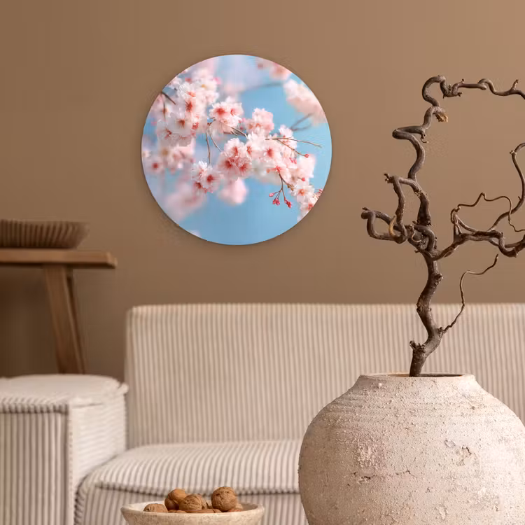 Takken - Bloesems - Roze Wandcirkel kunststof plaat 5mm dik klein -sfeer1
