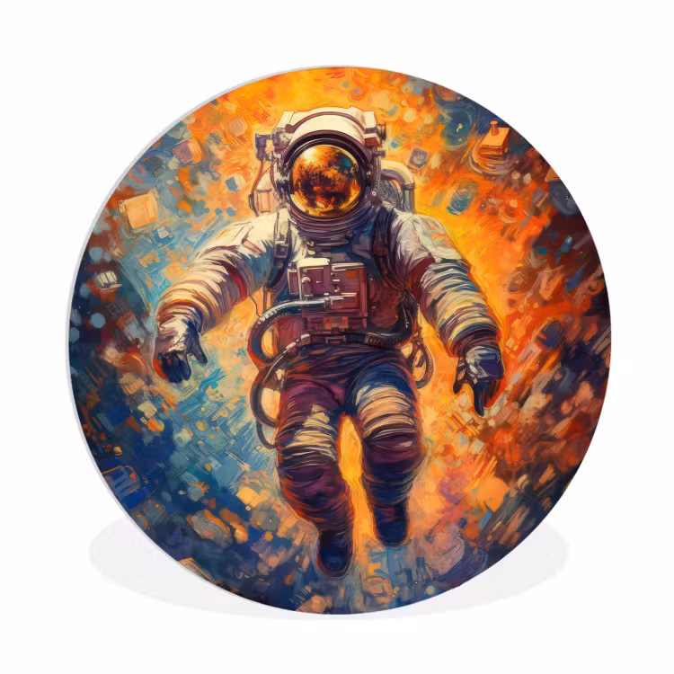 Astronaut - Neon - Oranje - Ruimte Wandcirkel kunststof plaat 5mm dik klein -3d
