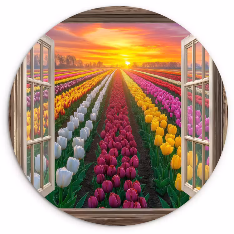 Doorkijk - Bloemen - Tulpen - Kleurrijk - Zonsondergang Wandcirkel kunststof plaat 5mm dik klein -3d