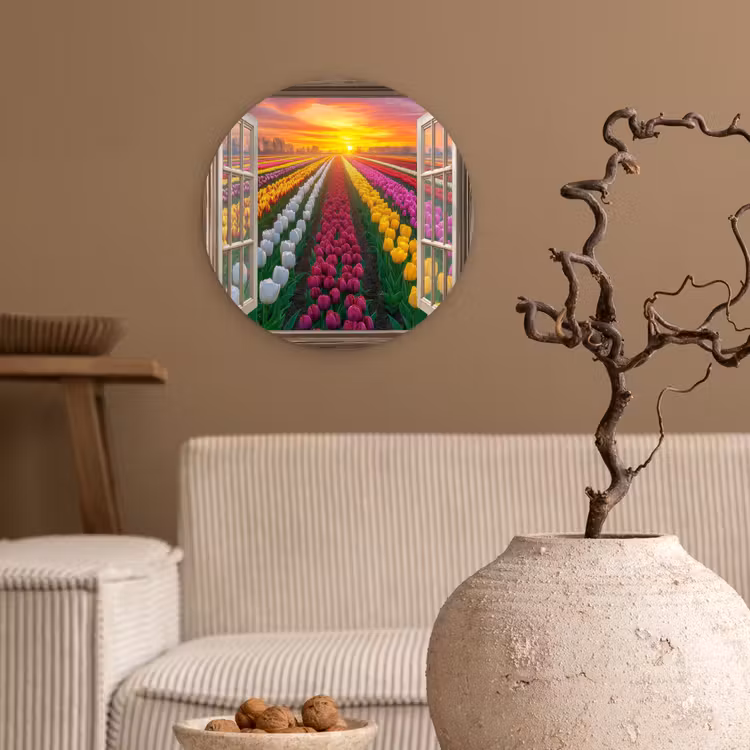 Doorkijk - Bloemen - Tulpen - Kleurrijk - Zonsondergang Wandcirkel kunststof plaat 5mm dik klein -sfeer1