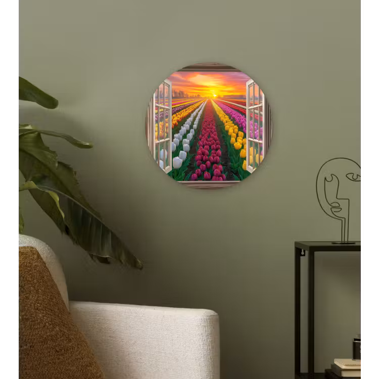 Doorkijk - Bloemen - Tulpen - Kleurrijk - Zonsondergang Wandcirkel kunststof plaat 5mm dik klein -sfeer3