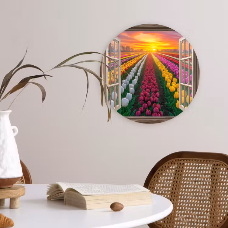 Doorkijk - Bloemen - Tulpen - Kleurrijk - Zonsondergang Wandcirkel kunststof plaat 5mm dik klein -sfeer4