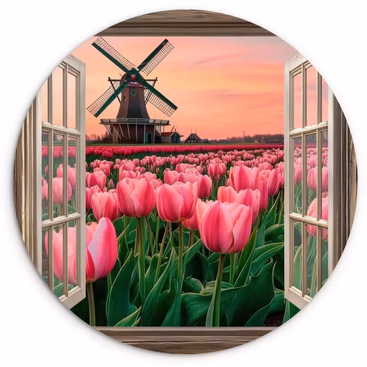 Doorkijk - Tulpen - Bloemen - Molen - Raam Wandcirkel kunststof plaat 5mm dik klein -3d