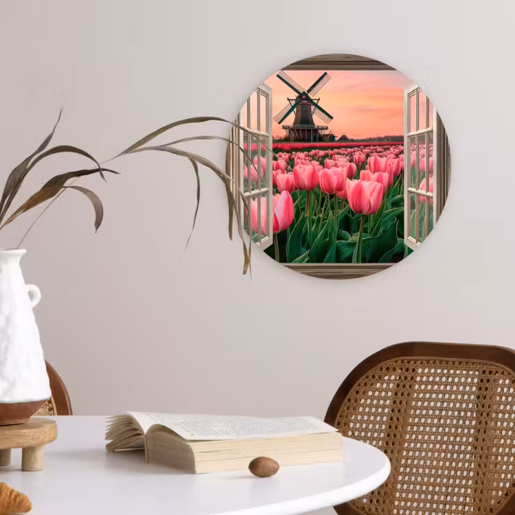 Doorkijk - Tulpen - Bloemen - Molen - Raam Wandcirkel kunststof plaat 5mm dik klein -sfeer4