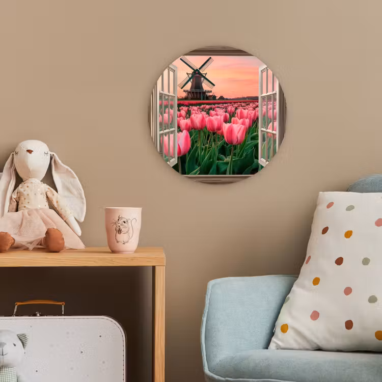 Doorkijk - Tulpen - Bloemen - Molen - Raam Wandcirkel kunststof plaat 5mm dik klein -tsfeer1_kind