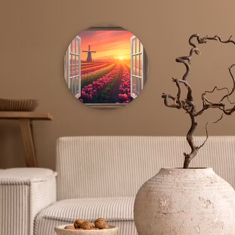 Doorkijk - Tulpen - Zonsondergang - Bloemen - Kleurrijk Wandcirkel kunststof plaat 5mm dik klein -sfeer1