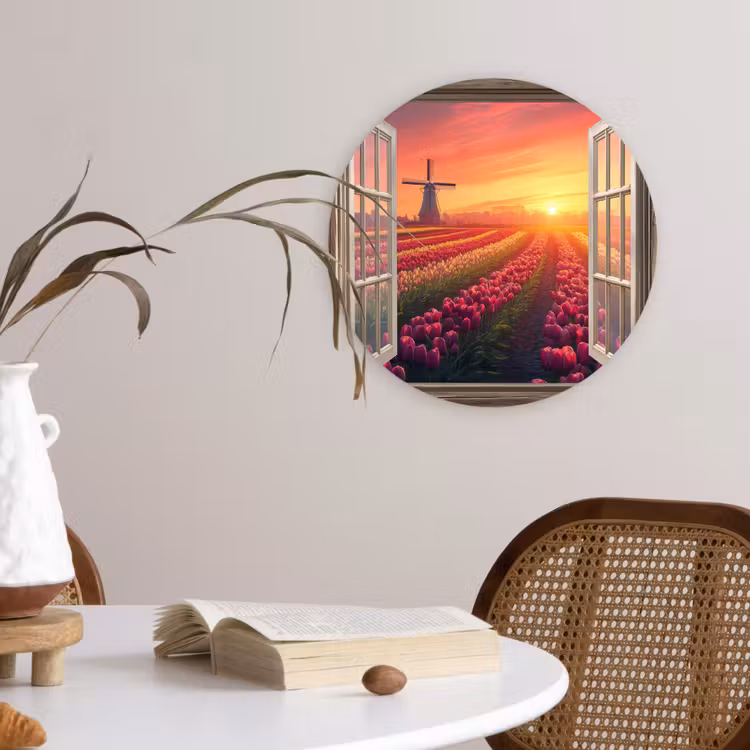 Doorkijk - Tulpen - Zonsondergang - Bloemen - Kleurrijk Wandcirkel kunststof plaat 5mm dik klein -sfeer4