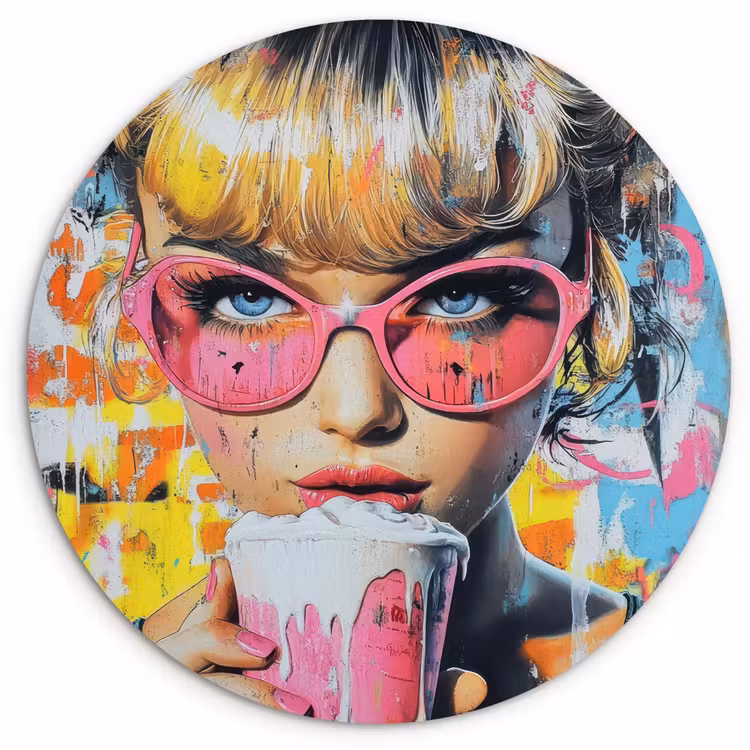Expressief - Milkshake - Vrouw - Felle kleuren Wandcirkel kunststof plaat 5mm dik klein -3d