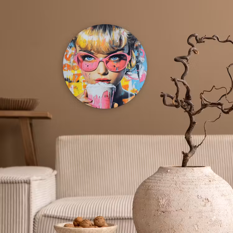 Expressief - Milkshake - Vrouw - Felle kleuren Wandcirkel kunststof plaat 5mm dik klein -sfeer1