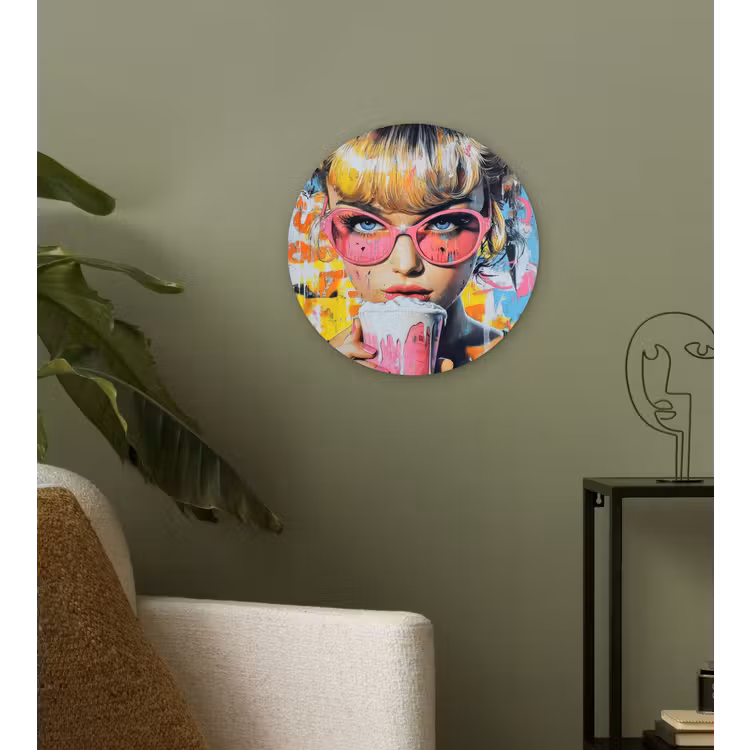 Expressief - Milkshake - Vrouw - Felle kleuren Wandcirkel kunststof plaat 5mm dik klein -sfeer3