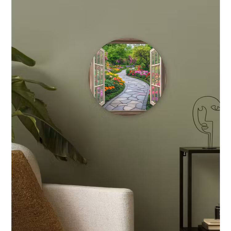 Doorkijk - Bloemen - Tuinpad - Natuur - Raam Wandcirkel kunststof plaat 5mm dik klein -sfeer3