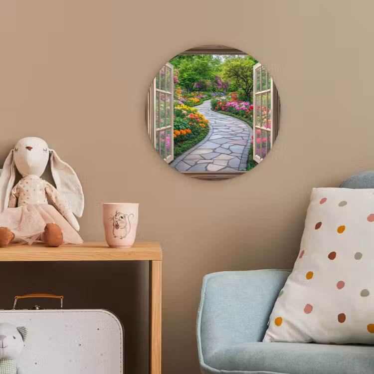 Doorkijk - Bloemen - Tuinpad - Natuur - Raam Wandcirkel kunststof plaat 5mm dik klein -tsfeer1_kind