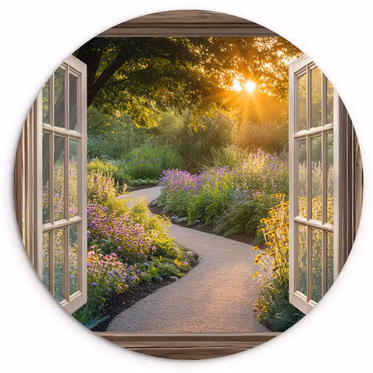 Doorkijk - Bloemen - Natuur - Zon - Pad Wandcirkel kunststof plaat 5mm dik klein -3d