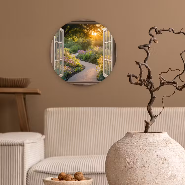 Doorkijk - Bloemen - Natuur - Zon - Pad Wandcirkel kunststof plaat 5mm dik klein -sfeer1