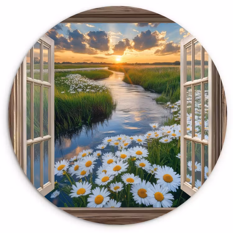 Doorkijk - Landschap - Raam - Water - Zonsondergang Wandcirkel kunststof plaat 5mm dik klein -3d