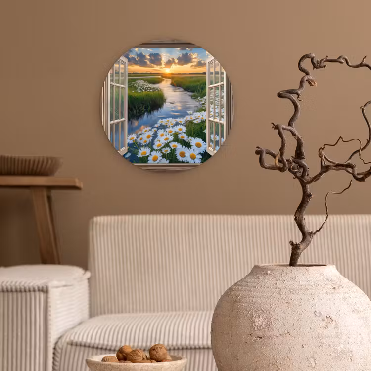 Doorkijk - Landschap - Raam - Water - Zonsondergang Wandcirkel kunststof plaat 5mm dik klein -sfeer1