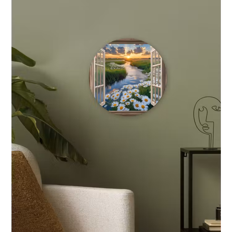 Doorkijk - Landschap - Raam - Water - Zonsondergang Wandcirkel kunststof plaat 5mm dik klein -sfeer3