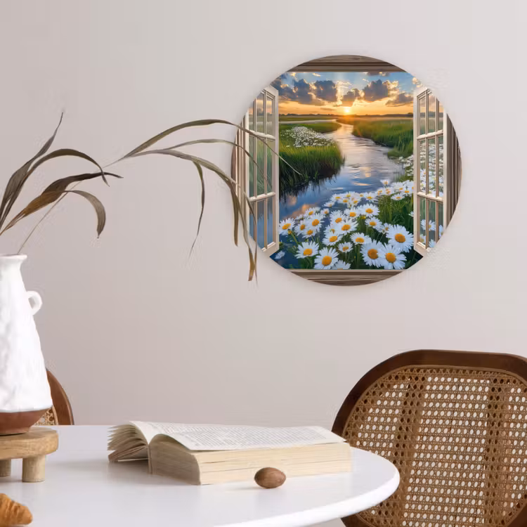 Doorkijk - Landschap - Raam - Water - Zonsondergang Wandcirkel kunststof plaat 5mm dik klein -sfeer4