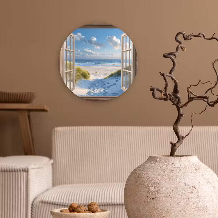 Doorkijk - Strand - Raam - Duinen - Zee Wandcirkel kunststof plaat 5mm dik klein -sfeer1