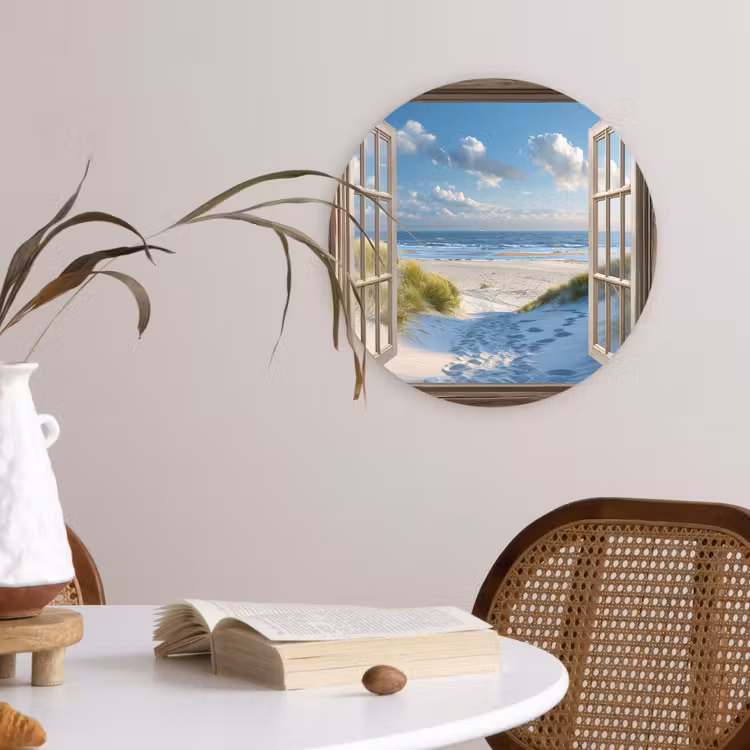 Doorkijk - Strand - Raam - Duinen - Zee Wandcirkel kunststof plaat 5mm dik klein -sfeer4